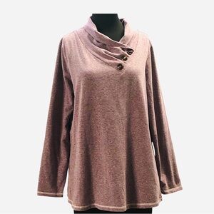 Soft Surroundings Purple Knit Top Cowl Neck 3 Buttons Contrast Stitching Size L